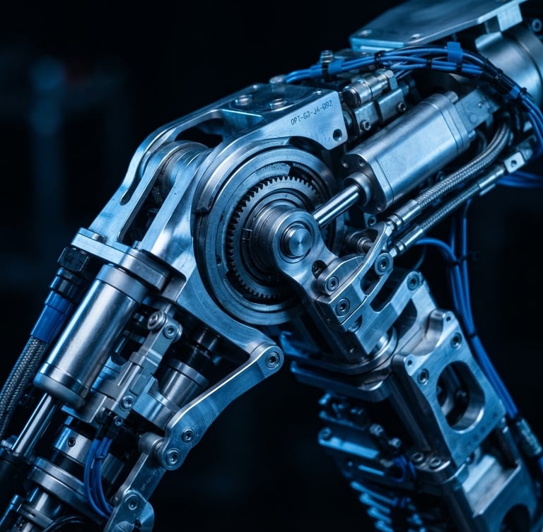 Macro studio photograph of Tesla Optimus Gen 3 metallic joint, cool clinical blue lighting, high-contrast reflections on alloy chassis.