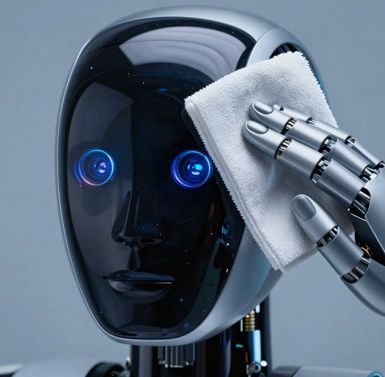 Macro shot of a clean microvezel cloth gently wiping the glossy black glass of a humanoid robot's face sensor array, clinical studio lighting.