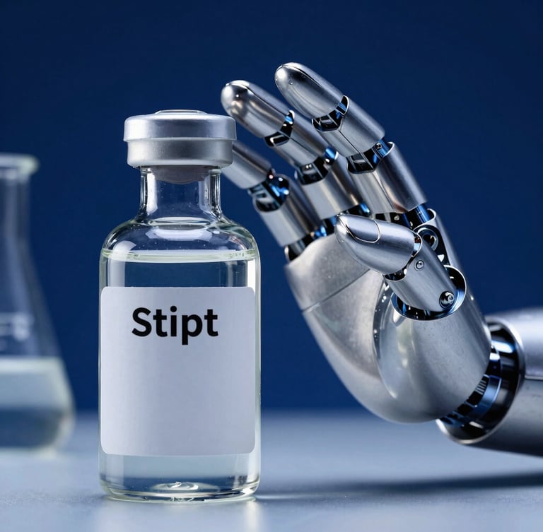 Macro studio shot of a Stipt chemical bottle next to a metallic robotic hand, cool clinical lighting, sharp reflections on polished silver surfaces, portrait aspect.