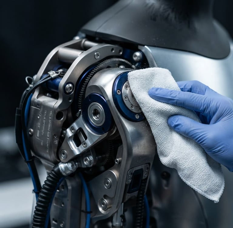 Macro studio photography of Tesla Optimus Gen 3 metallic alloy shoulder joint being wiped with a zero-residue microvezel cloth, cool clinical lighting, deep cobalt accents, high-contrast reflections