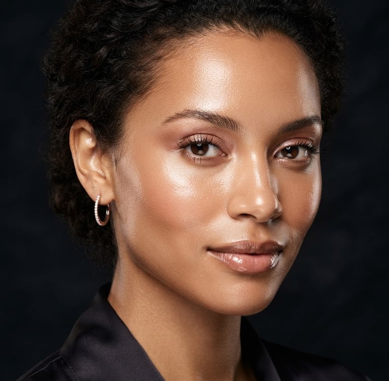 Editorial portrait of a diverse model with luminous, dewy skin, soft rose gold makeup tones, warm studio strobe lighting, high-contrast close-up crop, dark obsidian background.