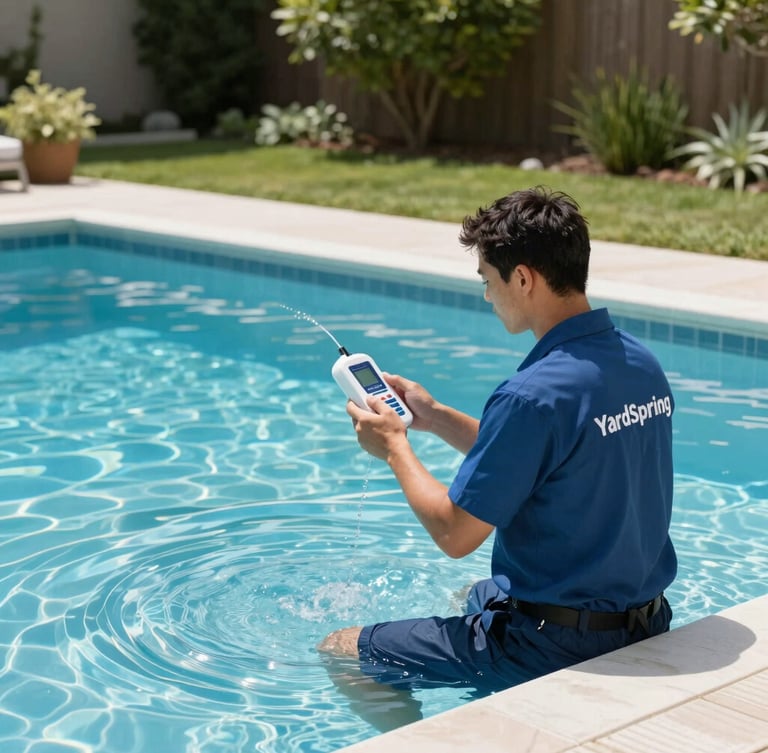 Professional, uniformed YardSpring Pools technician performing a water test at a pristine backyard pool, holding a digital testing device, focused and precise, bright morning daylight, portrait aspect.