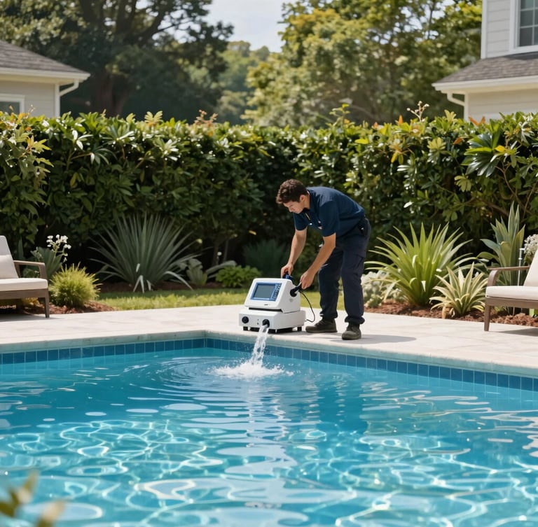 Uniformed YardSpring Pools technician checking water chemistry at a pristine commercial pool in Metro Atlanta, modern testing equipment, bright morning daylight, lush green landscaping.