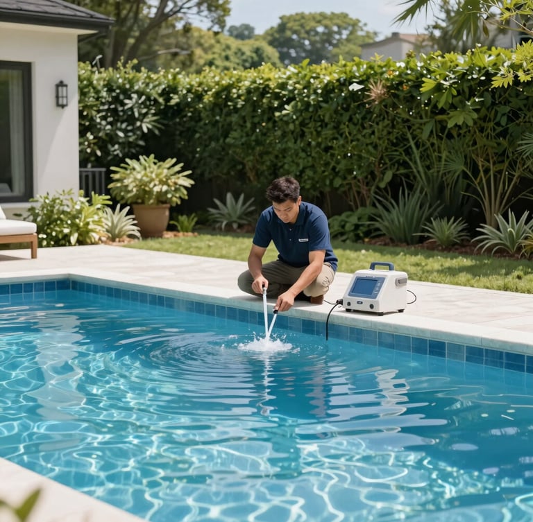 Professional uniformed pool technician inspecting water chemistry at a pristine architectural pool in an affluent North Atlanta backyard, crisp morning light, high-end testing equipment, lush green surroundings.