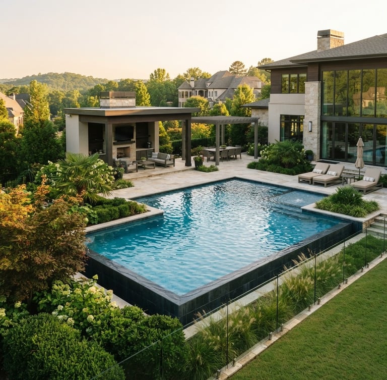 Wide shot of a pristine, architectural backyard pool in an affluent Atlanta suburb at golden hour, water shimmering, modern patio furniture, lush green landscaping, 35mm lens.