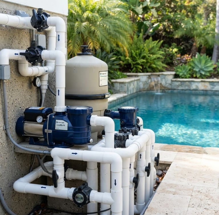Close-up of modern pool pump and filter system, pipes gleam, professional installation, bright morning daylight, crisp blue and lush green tones, high-end residential pool, 35mm lens, subject on left third bleeding to edge.