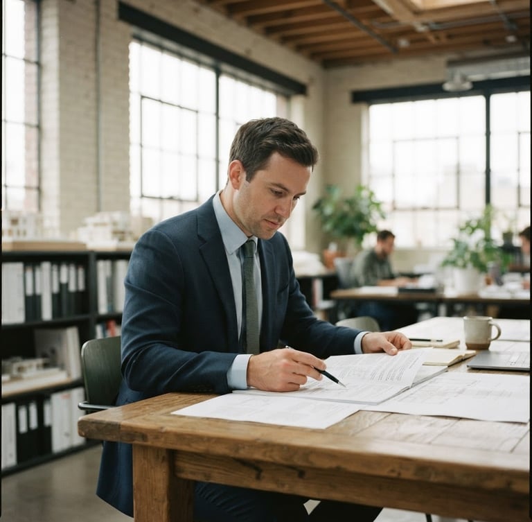 A bright, natural daylight shot of a structured architectural workspace. A professional in a navy suit reviews official compliance documents at a large oak table, soft desaturated tones, shallow depth of field, 35mm.