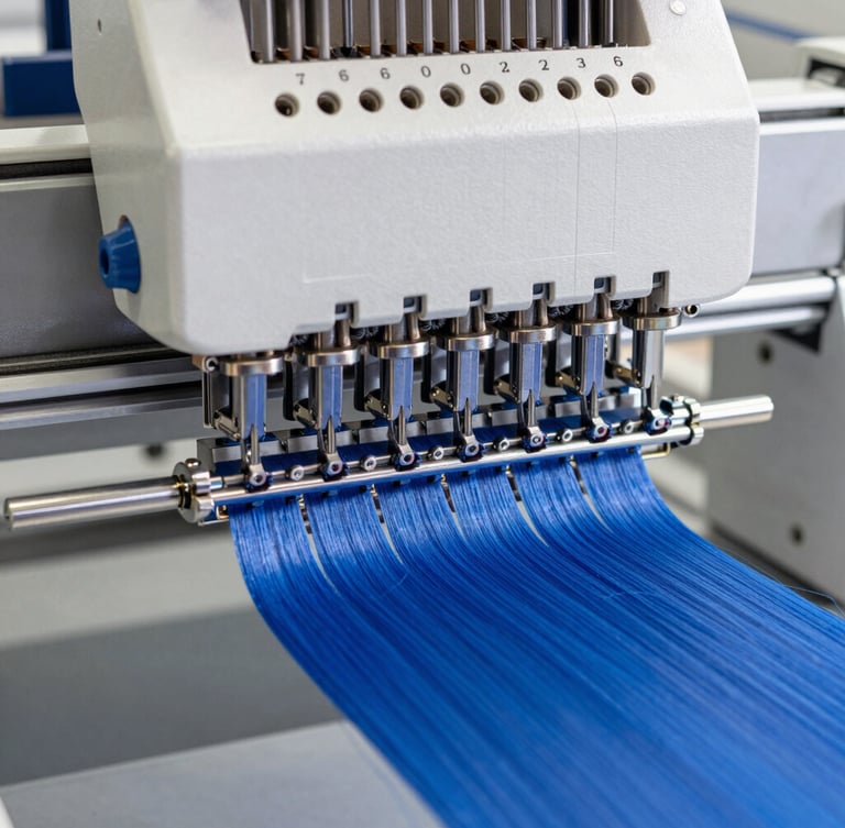 Extreme close-up of a high-speed multi-head computerized embroidery machine needle bar in motion, crisp royal blue thread feeding through chrome tensioners, bright neutral industrial daylight, high-contrast mechanical details.