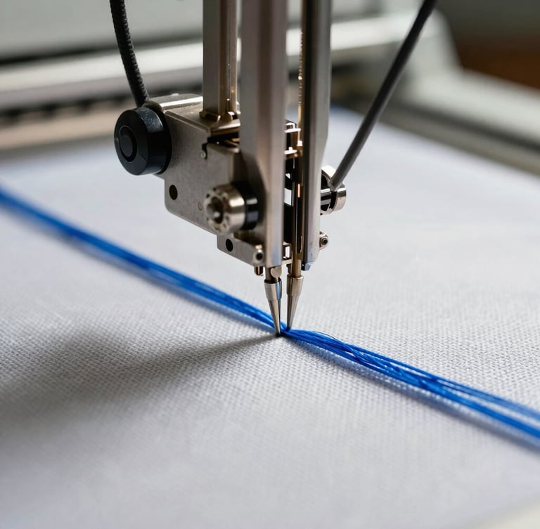 Extreme close-up of a single-head computerized embroidery needle bar in action, bright industrial daylight highlighting steel components, crisp royal blue thread feeding into heavy canvas fabric.