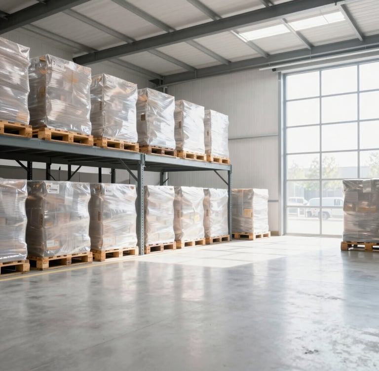Bright high-key commercial photography of a modern clean warehouse interior with organized pallets and natural daylight, 35mm lens