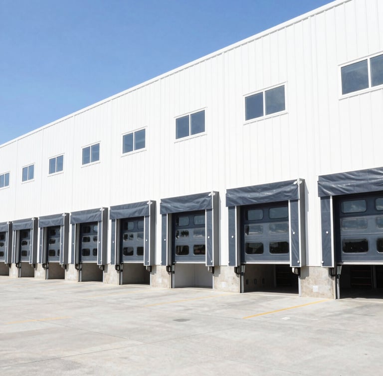 Bright high-key commercial photography, exterior of a modern logistics facility in Saint Cloud Florida, clean warehouse loading docks, natural daylight, crisp details, 35mm lens
