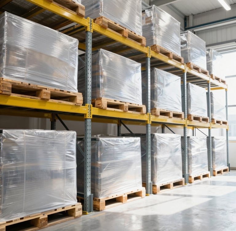 Bright clean warehouse interior, organized metal shelves with neatly packaged pallets, high-key lighting, professional logistics environment, 35mm lens