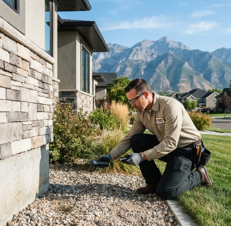 Professional pest control technician in a clean uniform inspecting the foundation of a modern Salt Lake City home, Wasatch mountains in the background, crisp bright morning daylight, sharp focus.