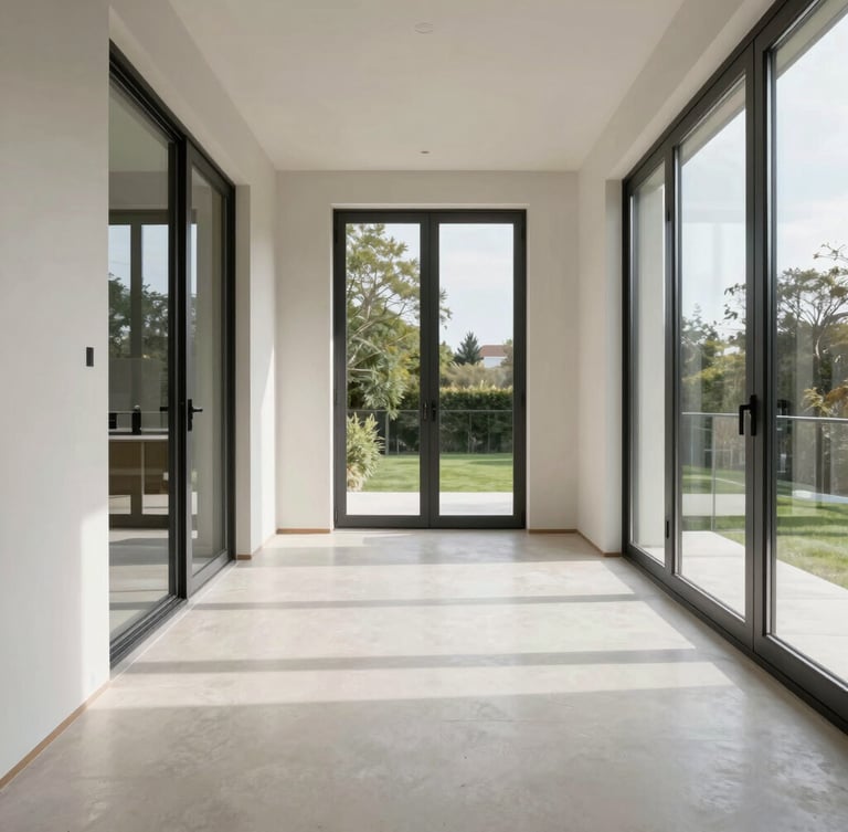 Frontal architectural view of a luxury residential interior, perfect joints between microcement floor and steel frames, clean geometric lines, bright natural light.
