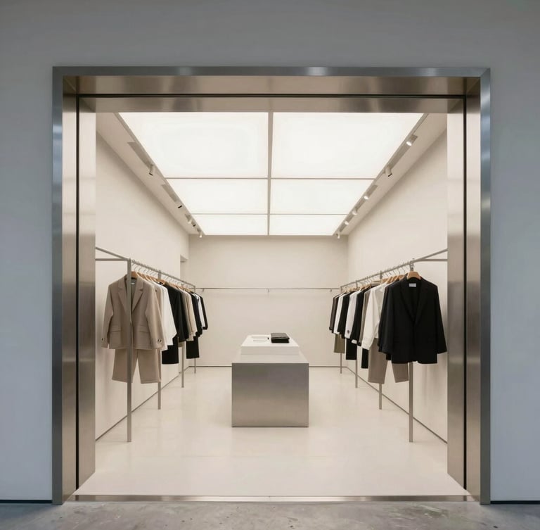 Frontal architectural perspective of a modern, clean retail showroom interior, minimalist steel fixtures, geometric symmetry, bright diffuse natural lighting.