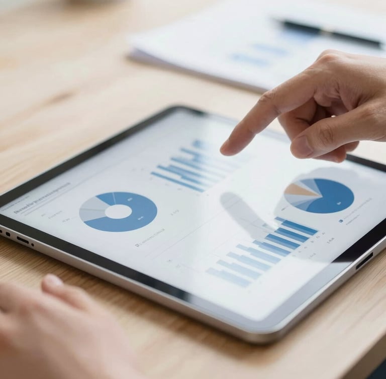 Macro close-up of professional hands reviewing structured financial charts and documents on a modern tablet, soft natural daylight, clean wooden workspace, shallow depth of field, minimalist and precise composition.