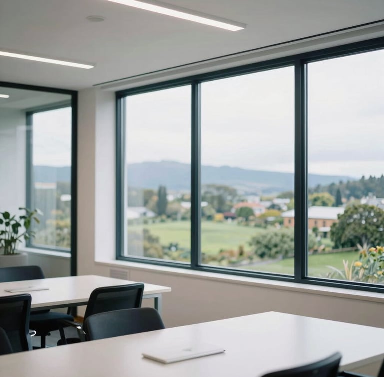 Wide environmental shot of a modern, bright office space in Entre Lagos, Puyehue, with large windows showing soft overcast daylight and lush green southern Chile landscape in the background, professional atmosphere, 35mm photography.