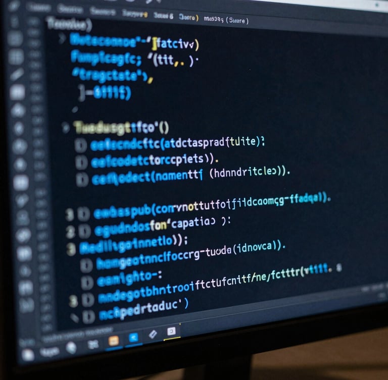 Macro close-up of a high-end monitor displaying clean, structured TypeScript code with electric blue syntax highlighting, dark IDE interface, shallow depth of field.