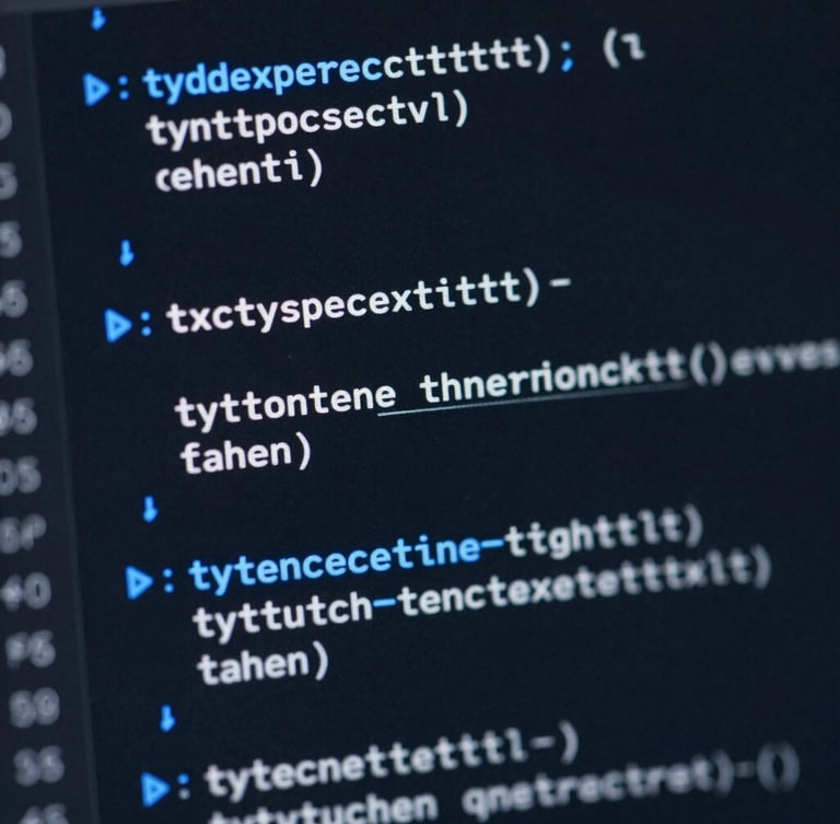 Extreme close-up of clean, syntax-highlighted TypeScript code on a high-end dark screen, sharp electric blue accents, cinematic depth of field