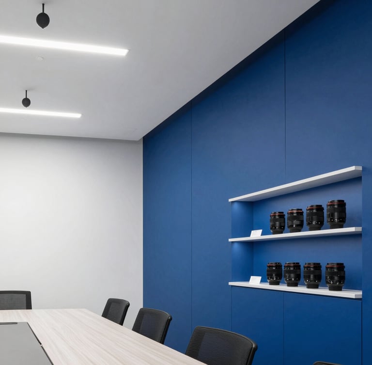 Crisp architectural photography of a modern boardroom with integrated ceiling microphones, cool clean lighting, and a neat rack setup on the side, 35mm lens.