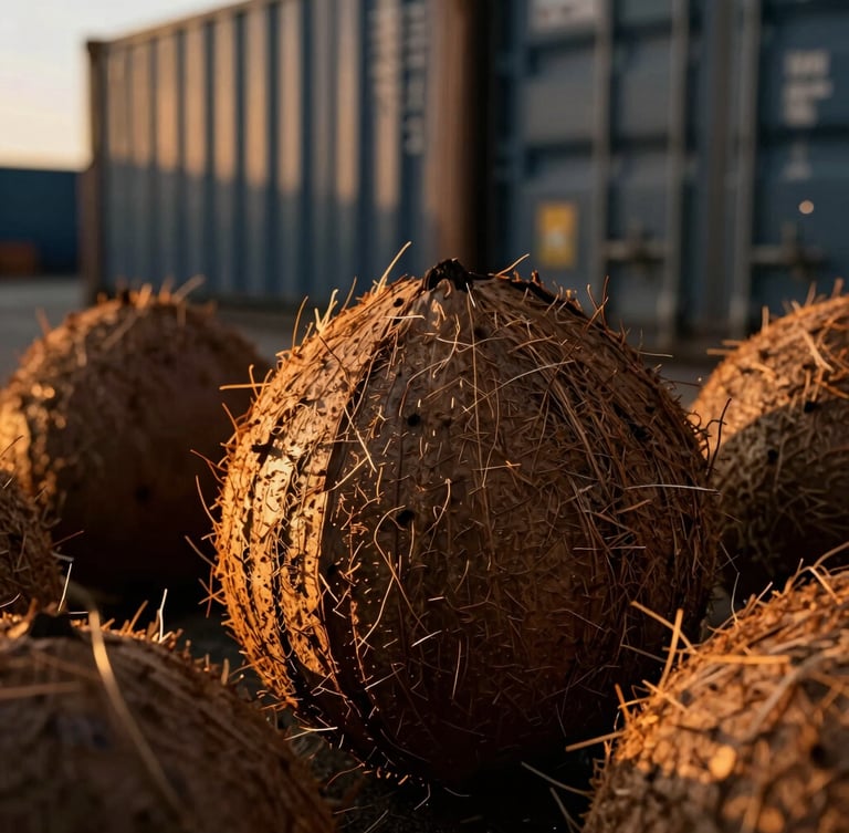 Macro texture of raw coconut husks with golden hour sunlight, industrial port container backdrop, high-contrast cinematic 35mm photography
