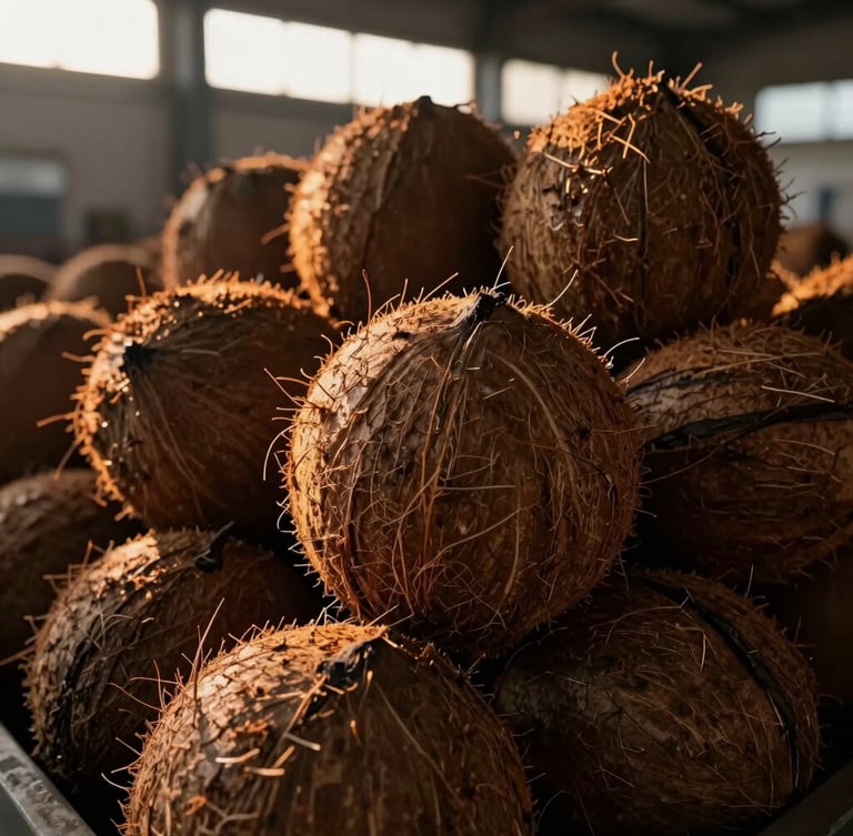 Macro close-up of raw coconut husks stacked neatly in an industrial processing facility, sharp textures, warm golden light filtering through high warehouse windows