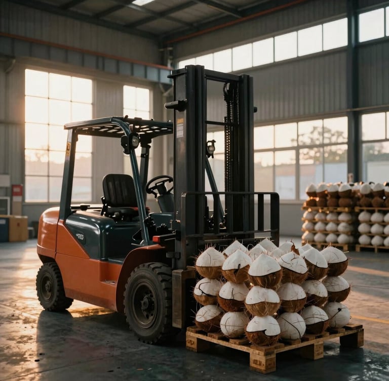 Cinematic industrial shot of a modern clean warehouse interior, golden hour light streaming through high windows, heavy forklift moving pallets of coconut products, high contrast 35mm lens