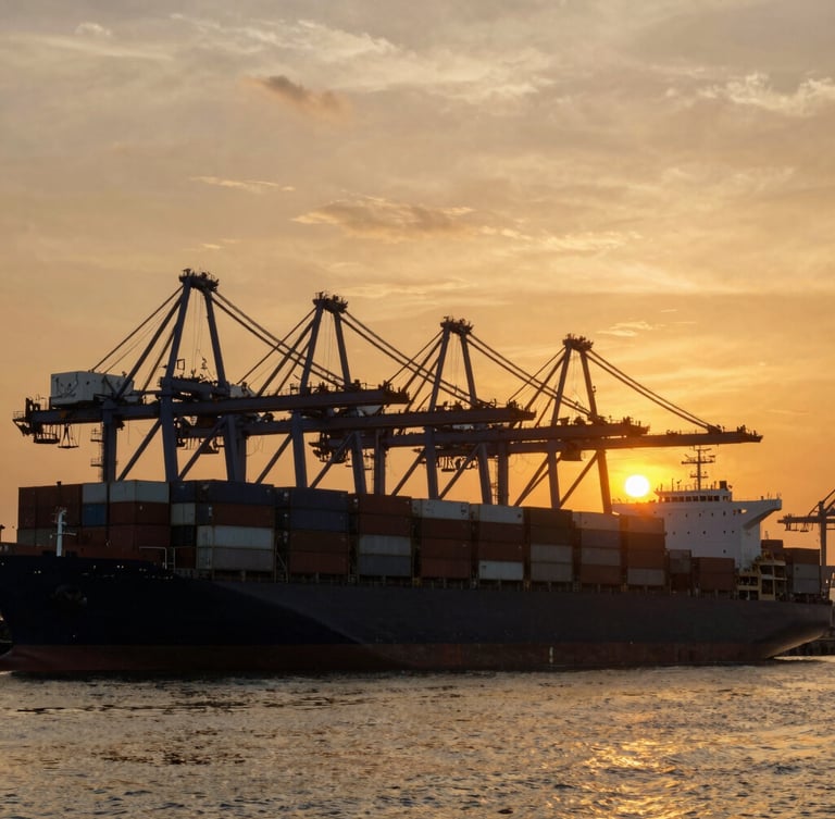Wide-angle epic shot of massive container ship docked at Tanjung Priok port during a dramatic amber golden-hour sunrise, industrial cranes silhouette against the glowing sky
