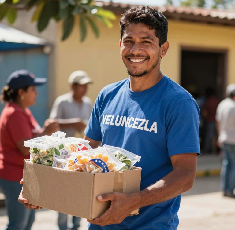 A local Venezuelan volunteer smiling warmly while carrying a box of fresh food, bright natural sunlight, authentic human connection, 35mm