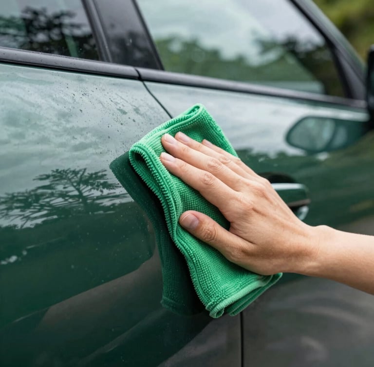 Close-up portrait of a hand using a high-density green microfiber cloth to gently wipe a dusty dark green car panel, revealing a high-contrast mirror finish reflection of trees under overcast daylight.