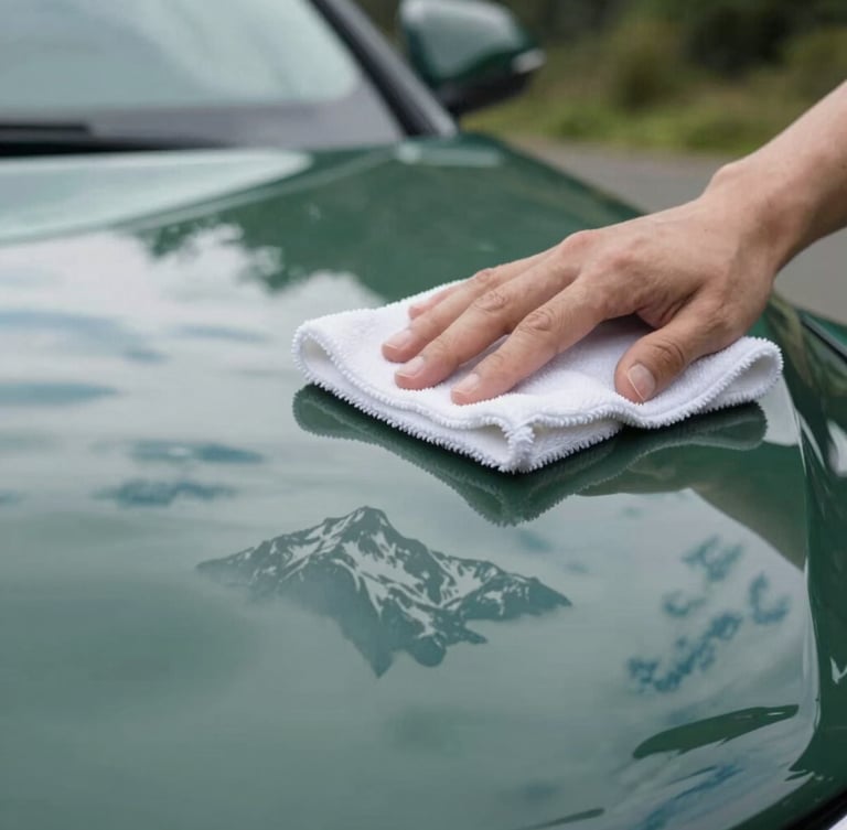 Extreme macro shot of a microfiber cloth gently wiping a dark green car hood, revealing a perfect high-contrast mirror reflection of the Andes mountains under overcast daylight, clean and sharp.