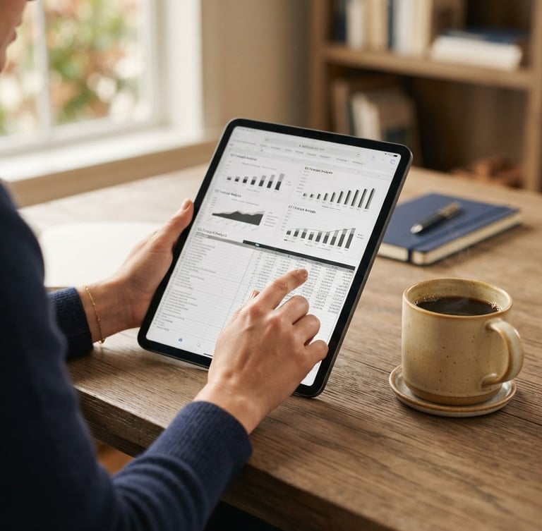 Hands of a professional analyzing clean financial spreadsheets on a tablet next to a warm cup of coffee, soft natural window light, muted navy and sand tones, shallow depth of field, 35mm
