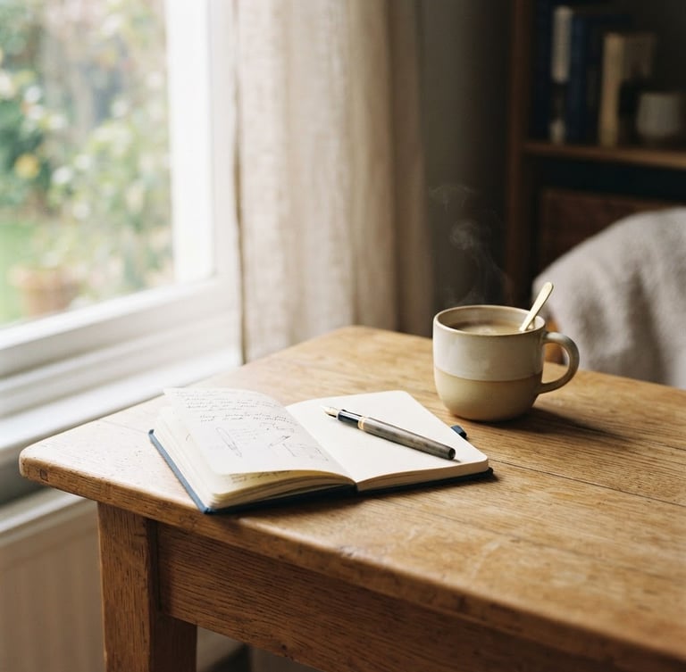 Portrait framing of a clean, warm-toned wooden desk with a neat notebook and a ceramic coffee cup, soft sunlight filtering through a window, shallow depth of field, warm editorial style.