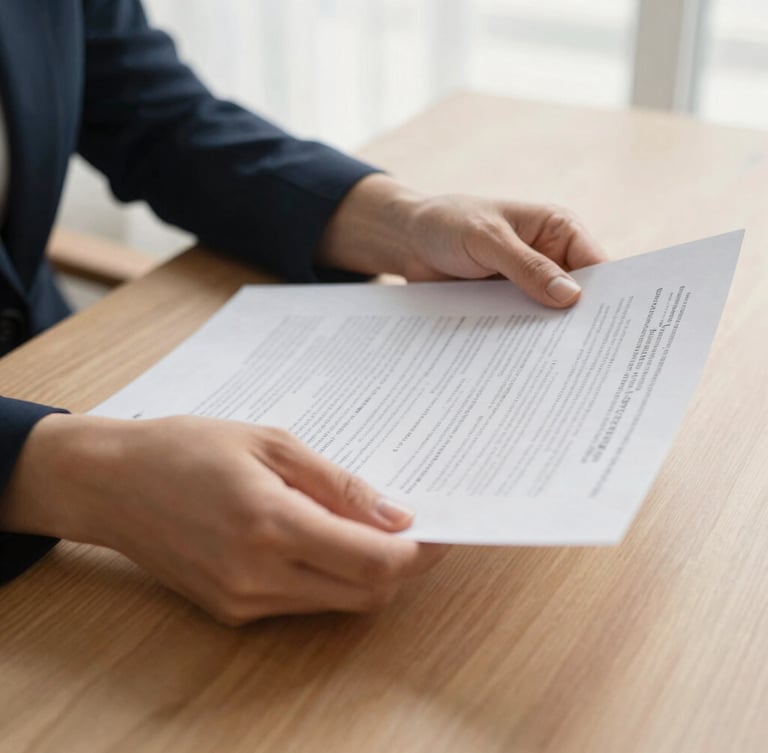 Close-up of hands organizing physical financial documents on a warm sand-colored wooden table, soft afternoon light, elegant and sober atmosphere.