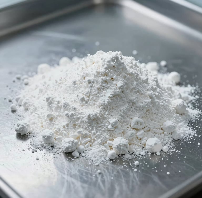 Macro shot of ultra-fine white guar gum powder texture on a sterile stainless steel surface, cool daylight-balanced laboratory lighting, clean-room setting.