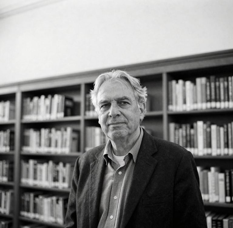 Desaturated cool-toned portrait of a scholar in a sunlit library, architectural details of bookshelves in the background, overcast natural daylight, sharp focus, 35mm