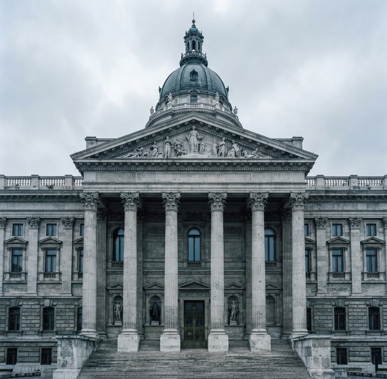 Wide architectural crop of a neoclassical legislative building facade, desaturated cool tones, overcast natural daylight, sharp focus, high contrast, 35mm