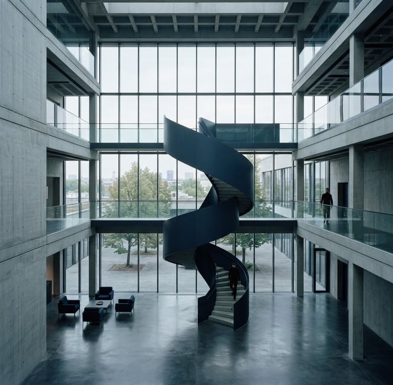 Minimalist architectural photography of a modern concrete and glass corporate atrium, cool diffused daylight, muted slate and navy tones, high-end editorial feel.