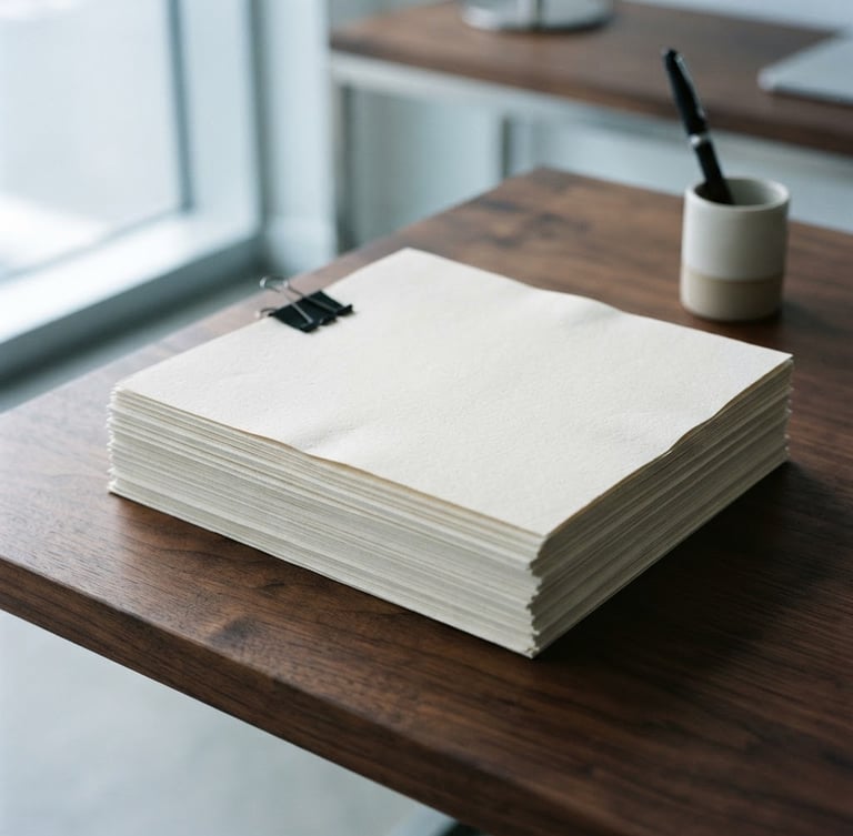 Minimalist close-up of heavy cotton paper M&A documents resting on a dark walnut desk, cool diffused daylight casting soft shadows, architectural lines, editorial feel.