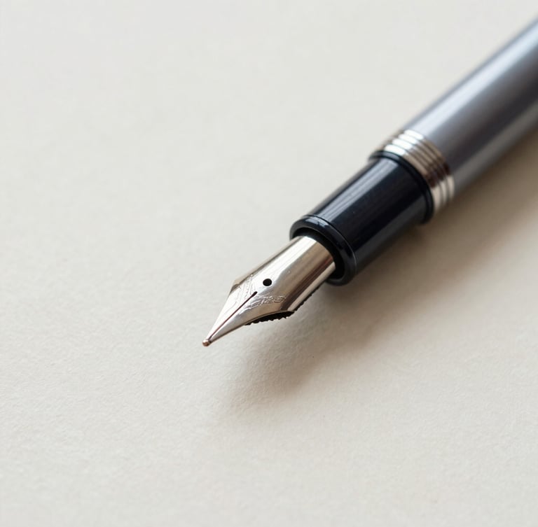 Macro close-up of a fountain pen resting on heavy textured cream paper, soft side lighting, muted slate tones, quiet luxury