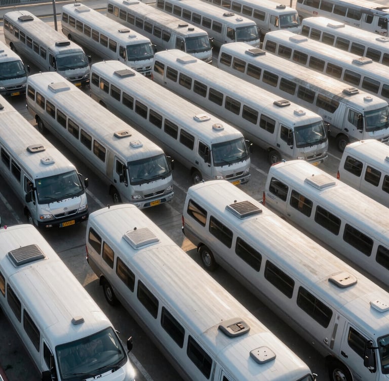 Wide-angle environmental shot of structured rows of passenger cars parked in a secure transit yard, crisp morning light.