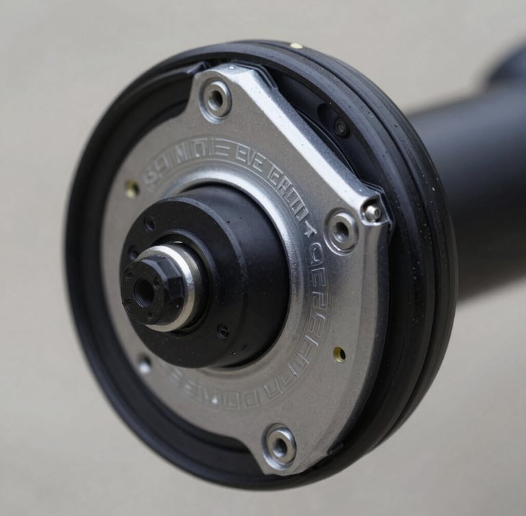 Macro shot of a brushless rear hub motor on an electric bike, showing clean mechanical linkages and technical markings