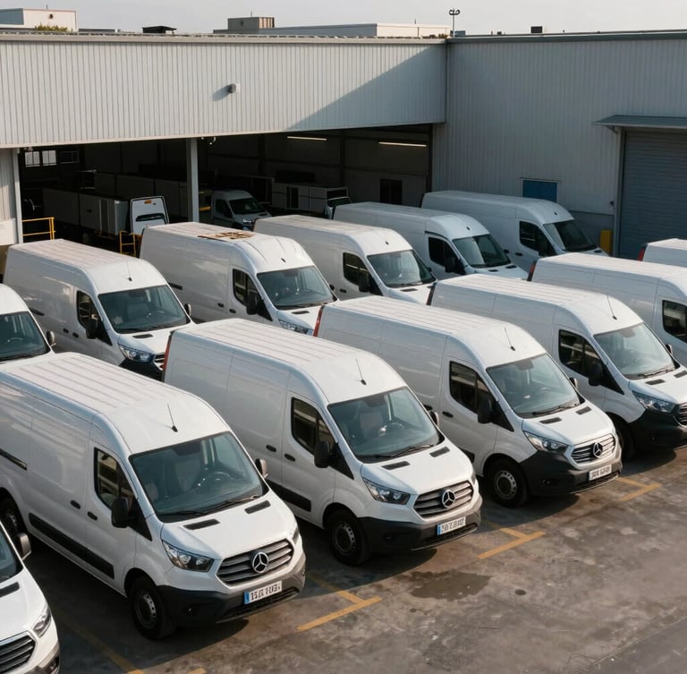 Wide environmental shot of an active commercial trade service fleet, pristine white vans lined up in front of a modern industrial warehouse under crisp morning daylight, sharp shadows.