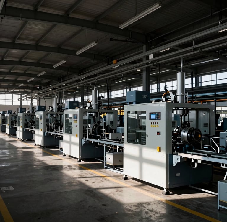 Wide-angle environmental shot of an active, modern manufacturing floor with high-contrast architectural lighting and crisp shadows, showcasing large-scale machinery, full-frame composition.