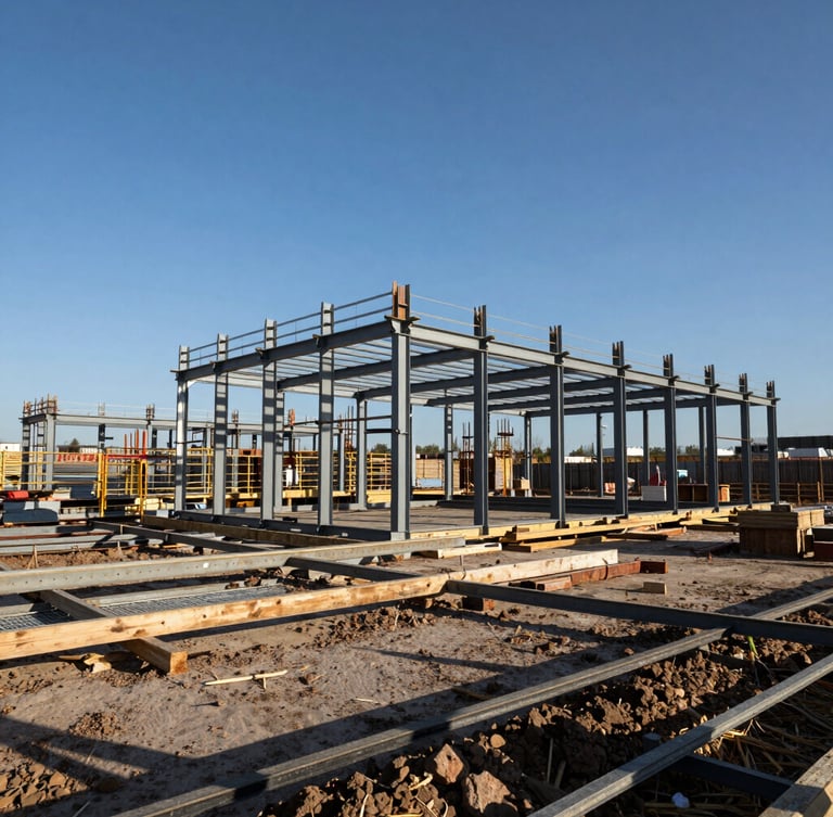 Wide-angle environmental shot of an active commercial construction site, steel frameworks under natural high-contrast daylight, crisp shadows.