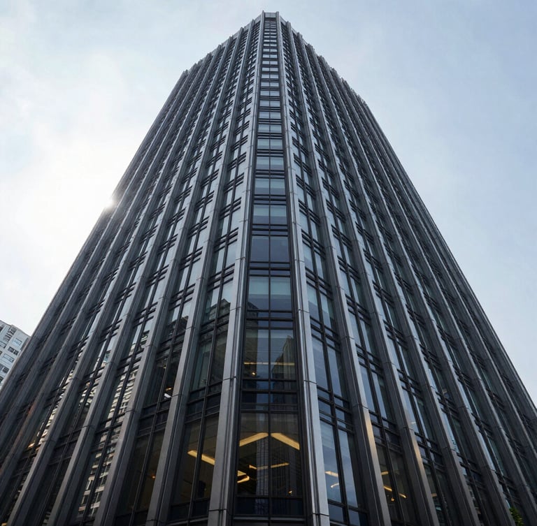 Wide-angle environmental photograph of a modern steel and glass skyscraper under bright, high-contrast natural daylight, crisp architectural shadows, full-frame composition.