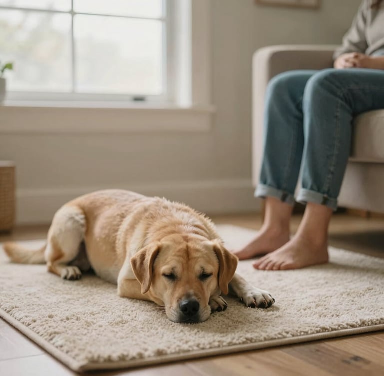 A quiet therapy room with soft daylight filtering through a window, a dog resting peacefully on a beige rug next to its owner's feet, warm editorial photography