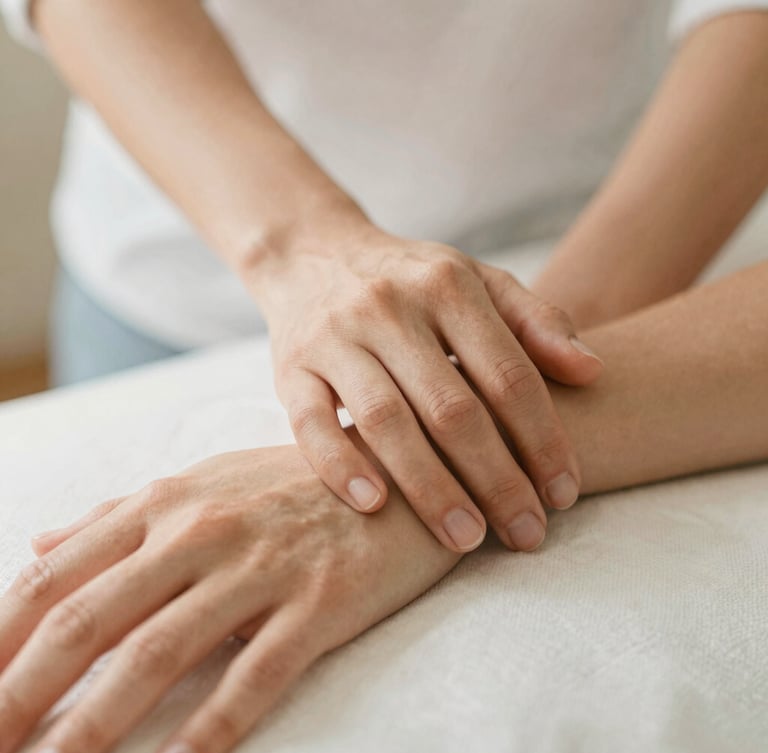Close-up of therapeutic touch, hands resting gently on a wrist, warm editorial photography, soft diffused daylight, muted beige tones, shallow depth of field, 35mm