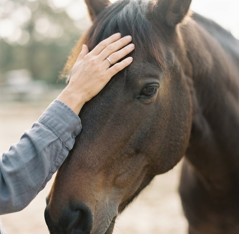 Close-up of a hand gently resting on a calm horse's forehead, soft morning daylight, warm beige and blue-gray tones, 35mm editorial photography, shallow depth of field