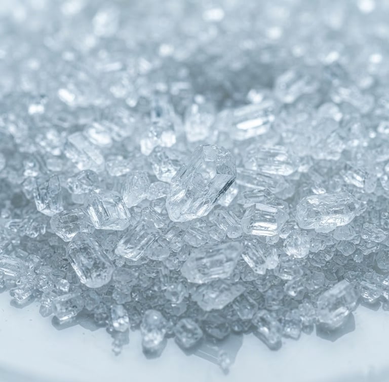 Macro close-up of crystalline Monosodium Phosphate (MSP) powder, sharp focus on individual translucent crystals, bright white laboratory light, cool blue and white tones, 50mm lens, industrial precision.